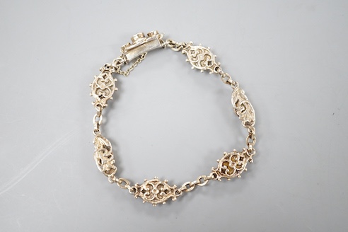 A 19th century Austro-Hungarian? gilt white metal, mother of pearl and doublet set bracelet, 17.5cm.